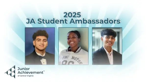 blue background with headshot photos of the three student winners of the 2025 JA Student Ambassador Scholarship